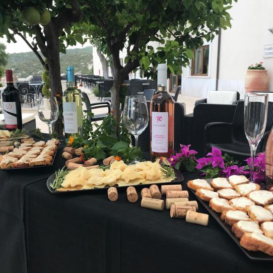 Dégustation en plein air : vins, fromages et pain, entourés de fleurs et nature.