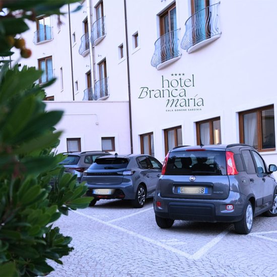 Hôtel paisible avec voitures garées, nature luxuriante et ambiance accueillante.