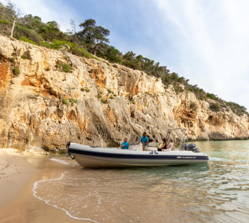 Una barca sulla riva di una spiaggia con dettagli verdi e curati.